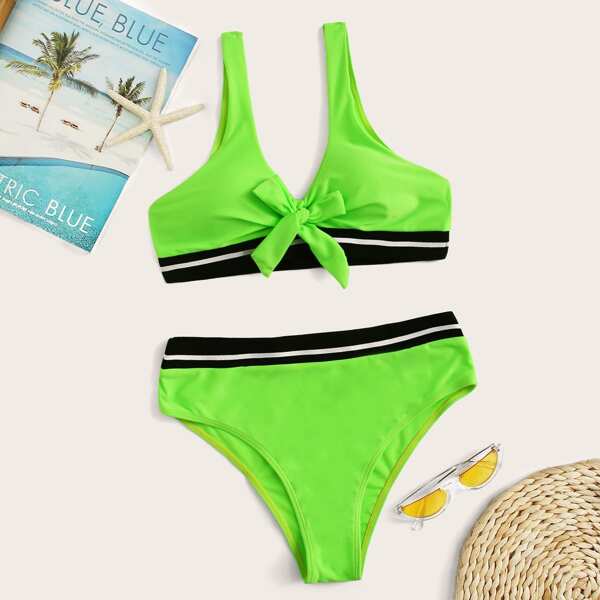

Neon Lime Knot Front Top With High Waist Bikini, Green bright