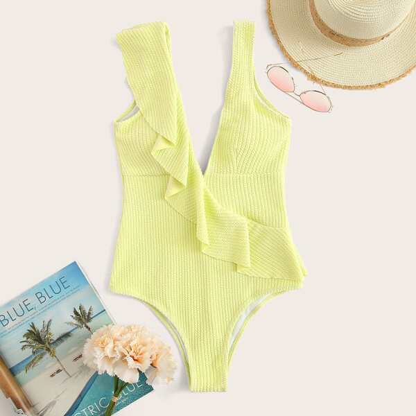 

Double Plunge Ruffle Textured One Piece Swim