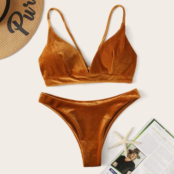 

Lace-up Back Top With High Cut Velvet Bikini Set