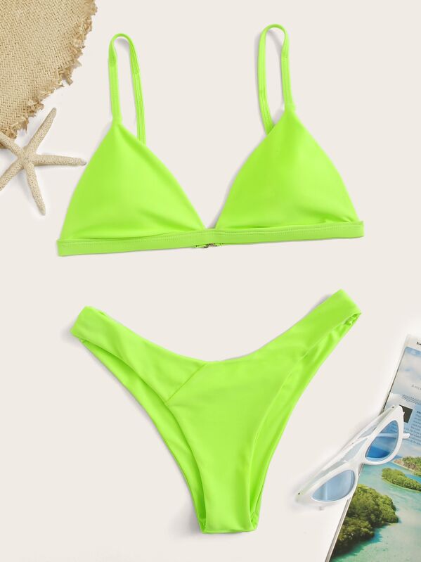 

Neon Lime Triangle Top With High Leg Bikini Set, Green