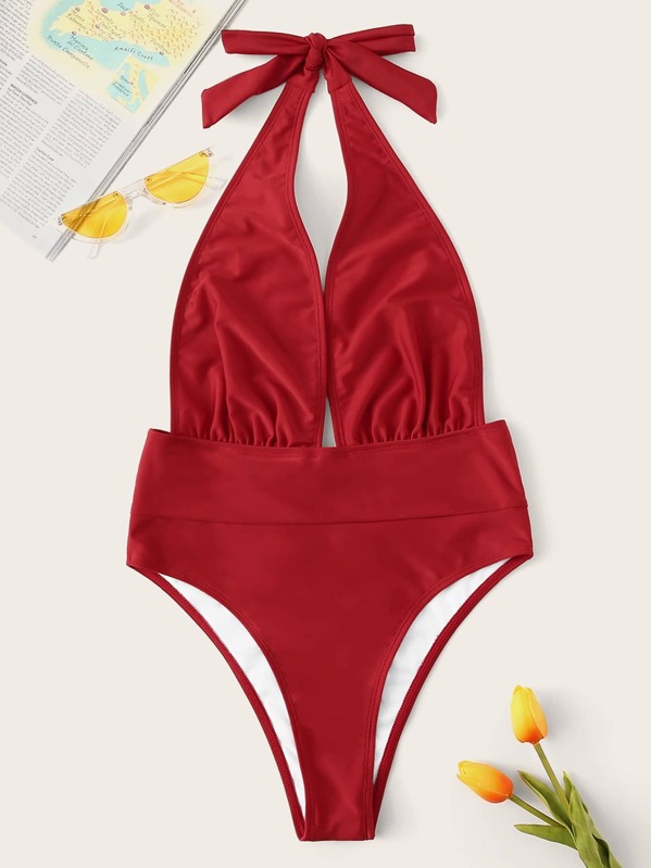 

Plunge Neckline Halter Monokini, Red