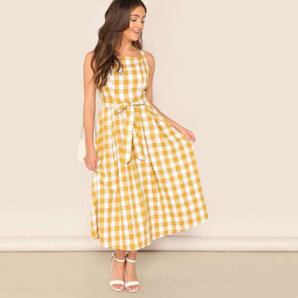 

Self Belted Overall Gingham Dress, Yellow