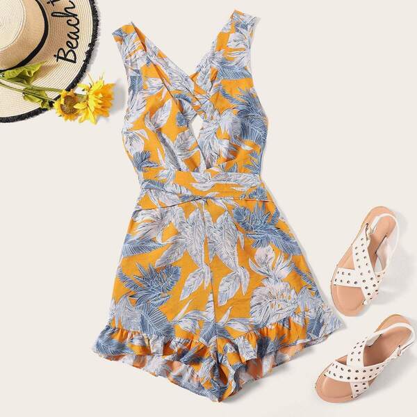

Crisscross Open Back Jungle Leaf Print Ruffle Romper, Multicolor