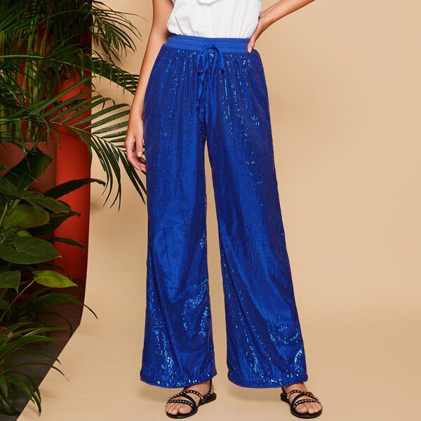 

Drawstring Waist Wide Leg Sequin Pants, Blue bright