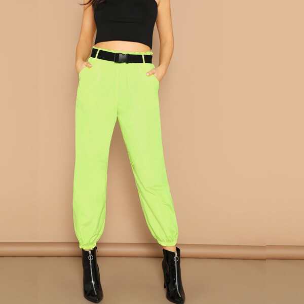 

Neon Lime Elastic Hem Pants With Push Buckle Belt, Green bright