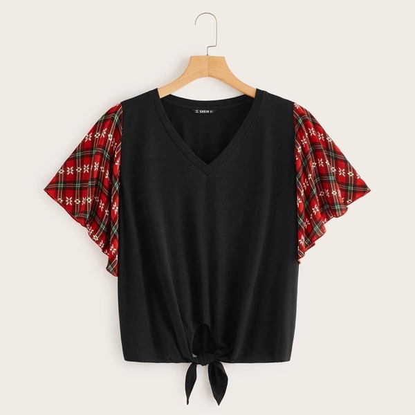 

Knot Front Contrast Plaid Flutter Sleeve V-neck Tee