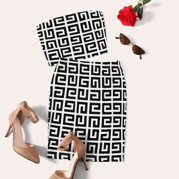 

Greek Fret Print Bandeau & Pencil Skirt Set