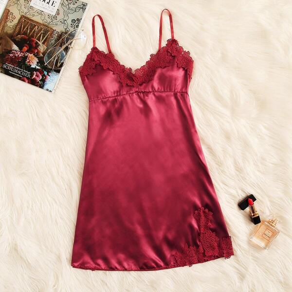 

Crochet Trim Satin Cami Dress, Red