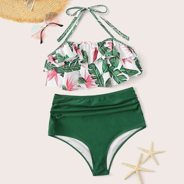 

Jungle Print Halter Ruffle Top With High Waist Bikini