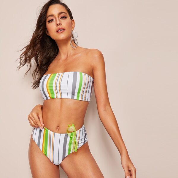 

Striped Bandeau With High Cut Bikini, Multicolor