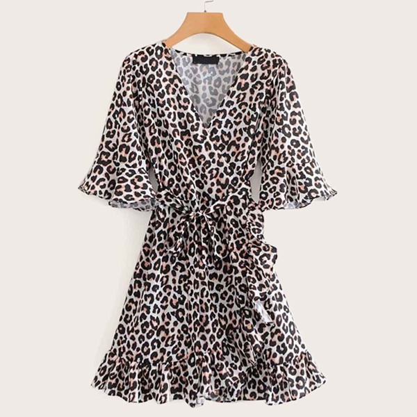 

Flounce Sleeve Surplice Ruffle Belt Leopard Dress, Multicolor