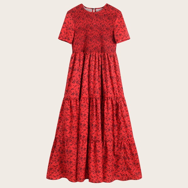 

Ditsy Floral Print Tiered Shirred Dress, Red