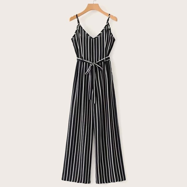 

Self Tie Striped Cami Jumpsuit, Black