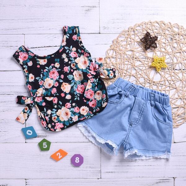 

Toddler Girls Floral Print Tank Top With Denim Shorts