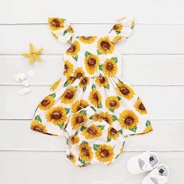 

Toddler Girls Sunflower Print Dress With Shorts, Multicolor