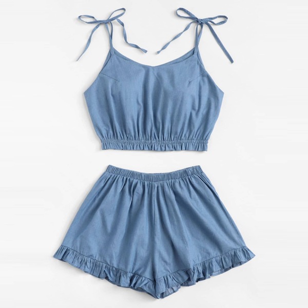 

Plus Knot Denim Cami Top With Frill Denim Shorts