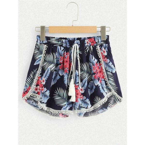 

Plus Fringe Hem Floral Print Shorts
