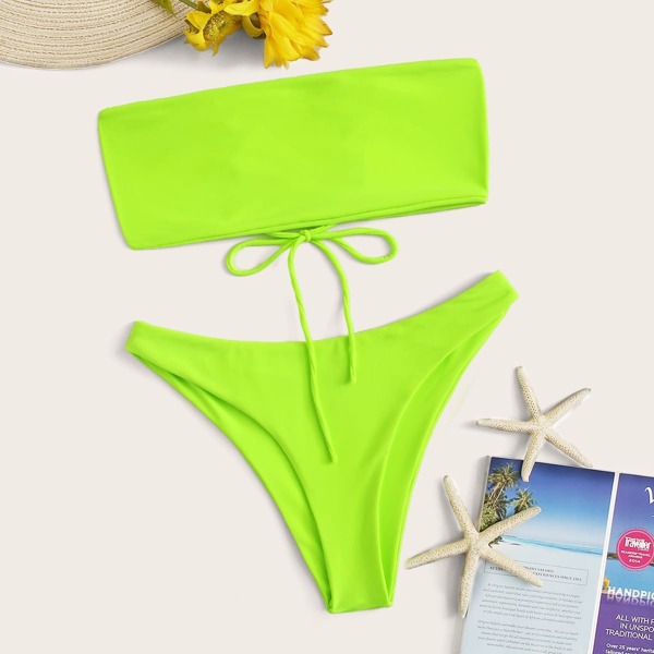 Neon Lime Lace-up Bandeau With High Leg Bikini