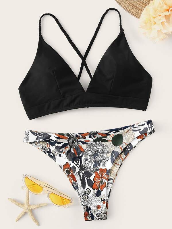

Random Floral Braided Strap Crisscross Bikini Set, Multicolor