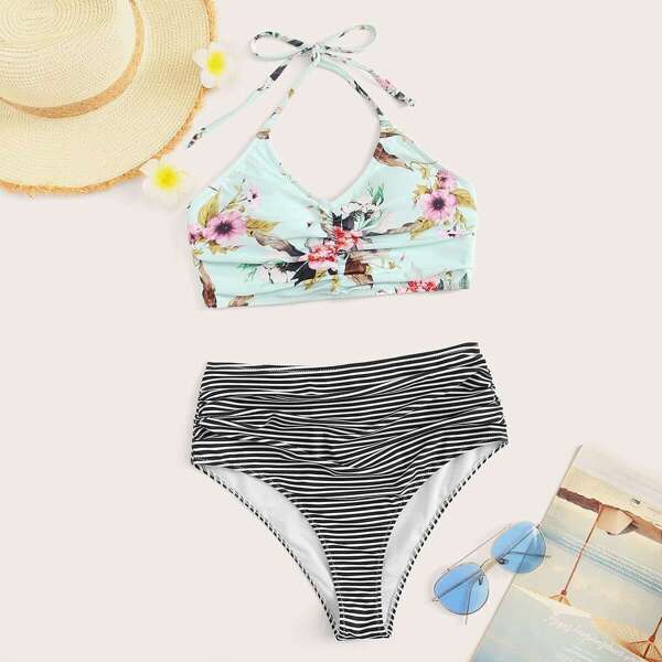 

Random Lace-up Back Halter Top With Ruched Bikini Set, Multicolor