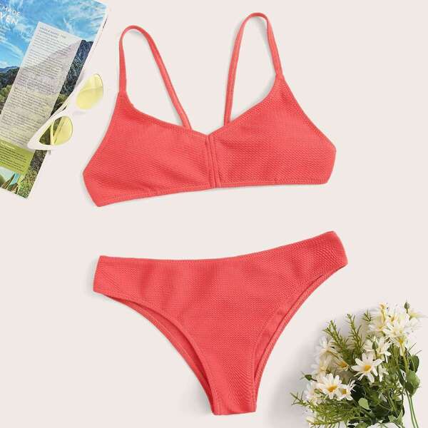 

Texture Strappy Top With Cheeky Bikini Set