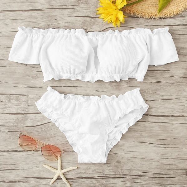 

Lettuce Trim Off Shoulder Top With Seam Bikini, White