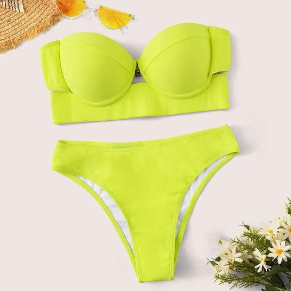 

Neon Lime Underwire Bustier Top With High Leg Bikini Set
