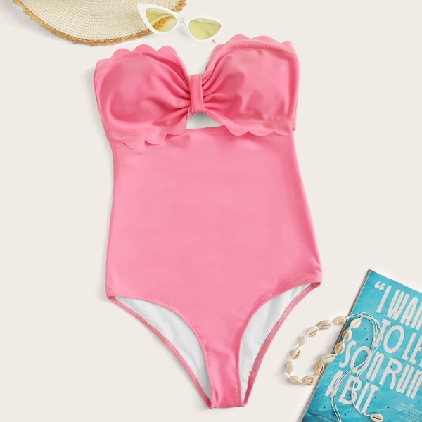 

Scalloped Trim Cutout Front One Piece Swimsuit, Pink pastel