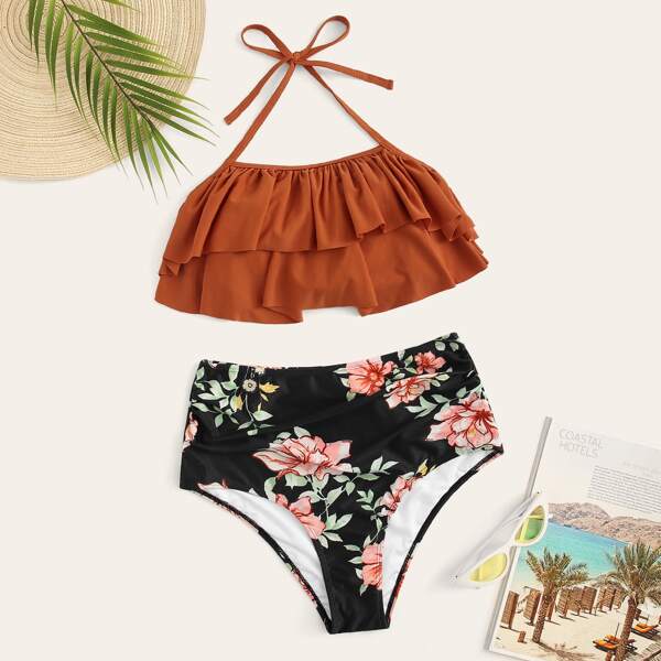 

Layered Ruffle Halter Top With Ruched Bikini
