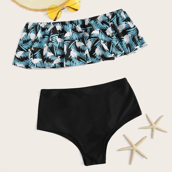

Flounce Off Shoulder Top With High Waist Bikini