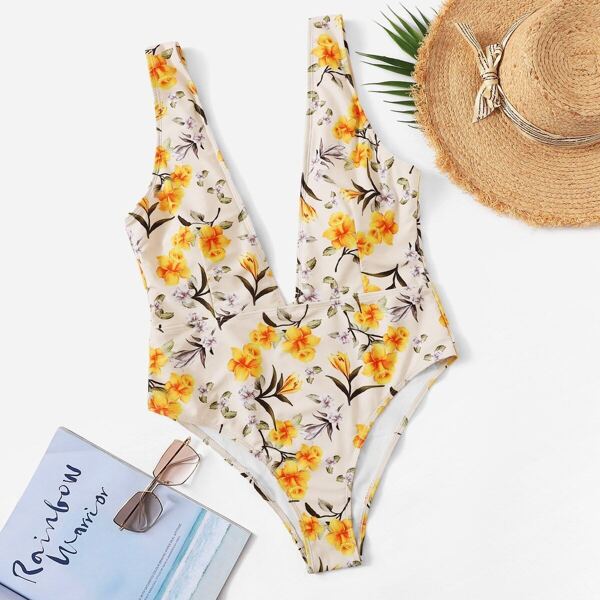 

Plus Floral Double Plunge One Piece Swimsuit, Multicolor