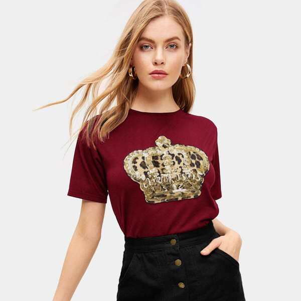 

Contrast Sequin And Leopard Crown Tee, Burgundy