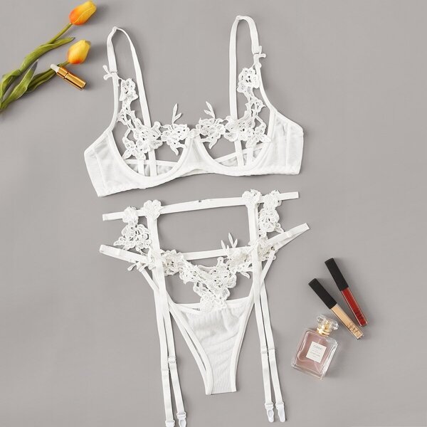 Floral Lace Garter Lingerie Set, White