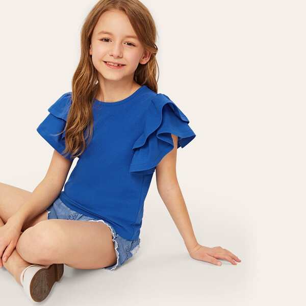 

Girls Layered Ruffle Armhole Solid Blouse, Blue