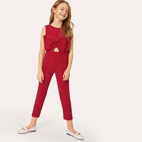 

Girls Bow Detail Plunging V Back Jumpsuit, Burgundy