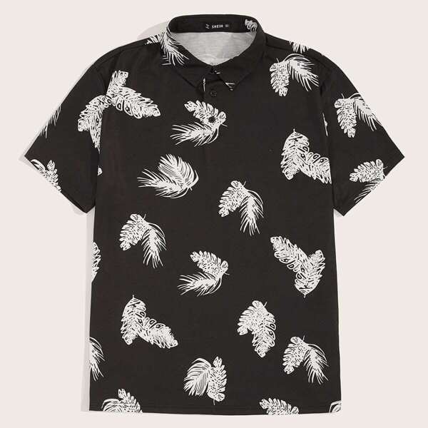 

Men Tropical Leaf Print Polo Shirt