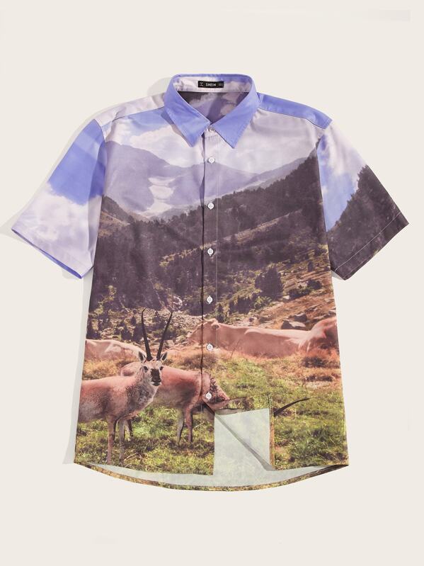 

Men Landscape Print Shirt, Multicolor