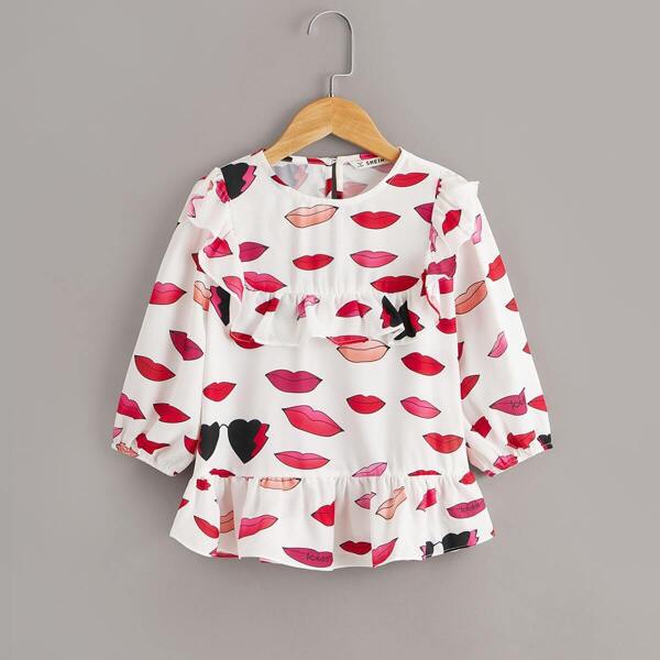

Girls Allover Lip Print Ruffle Peplum Top, Multicolor