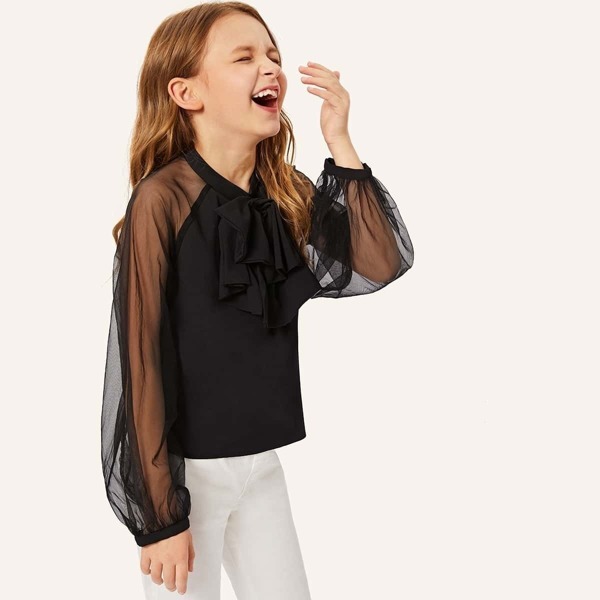 

Girls Bow Detail Mesh Raglan Sleeve Blouse