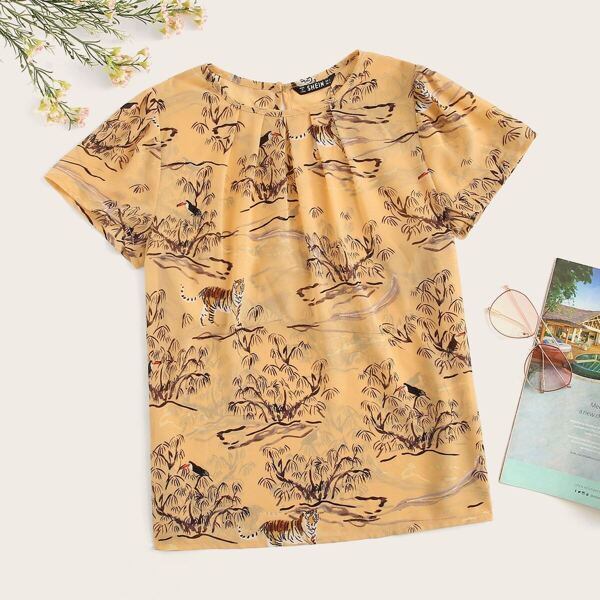 

Tiger Print Gathered Neck Top