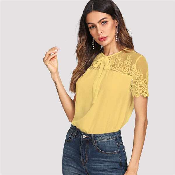 

Tie Neck Eyelash Lace Yoke Top