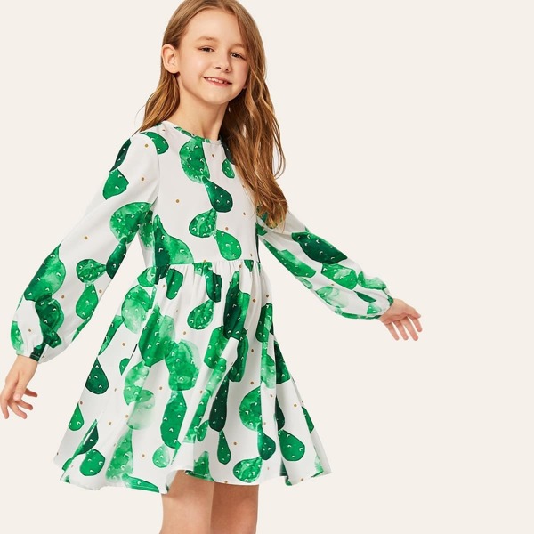 Girls Zip Back Cactus Print Babydoll Dress