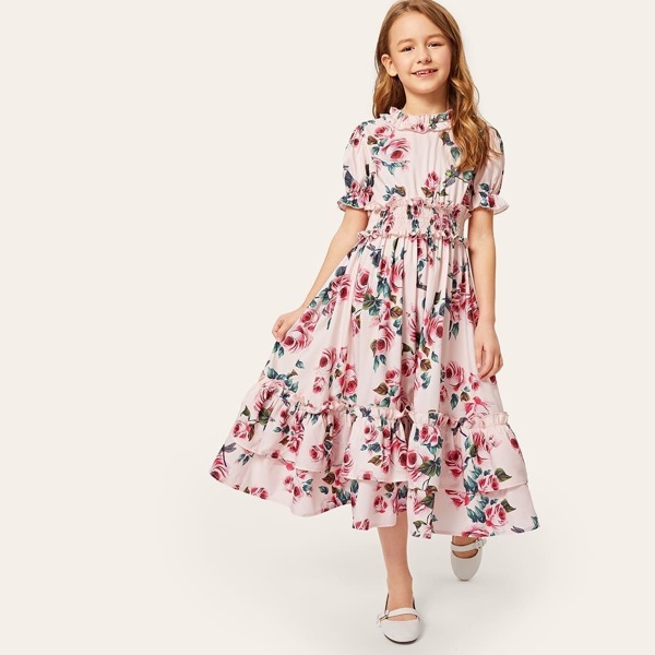 

Girls Ruffle Layered Shirred Waist Floral Dress, Pink