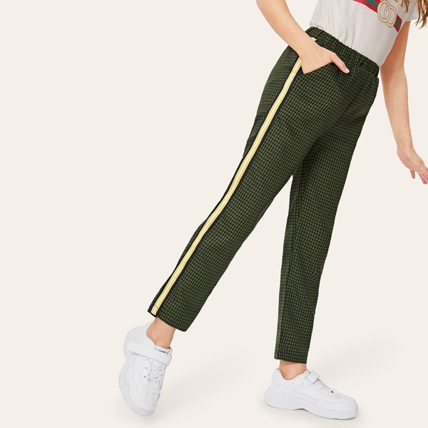 

Girls Elastic Waist Stripe Tape Plaid Pants, Army green