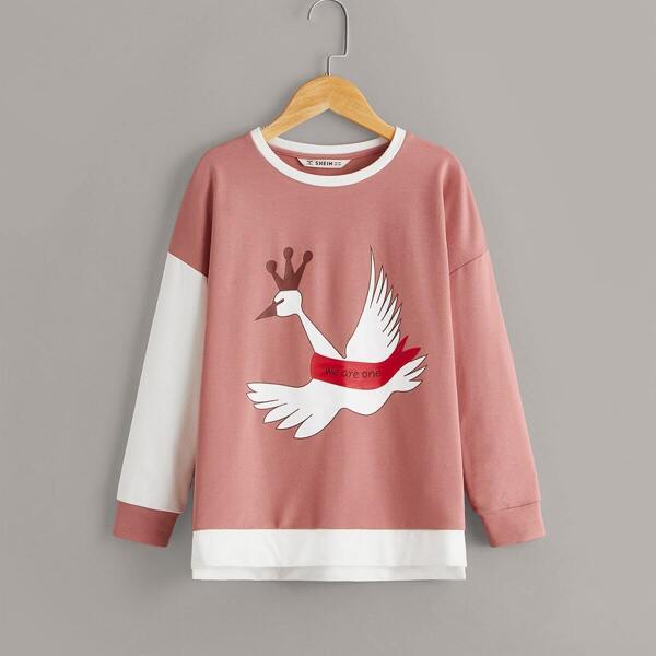 

Girls Crane Print Two-tone Slit Hem Sweatshirt