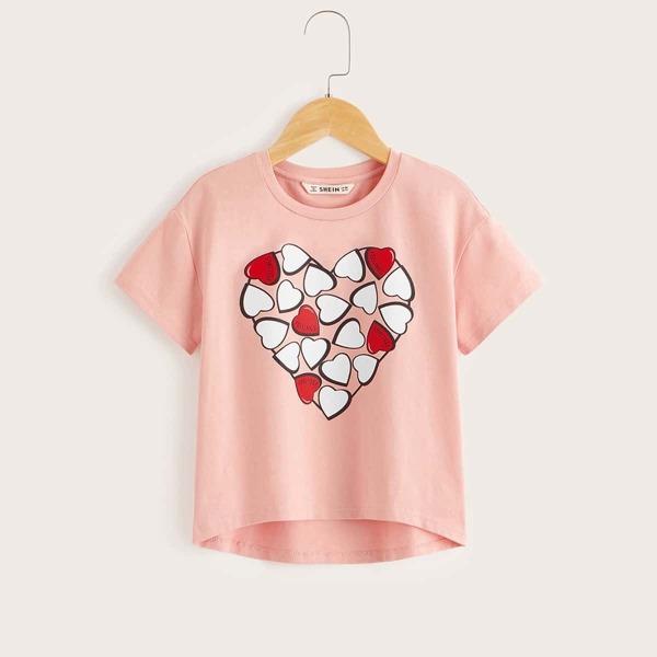 

Girls Sweetheart Print Curved Hem Top