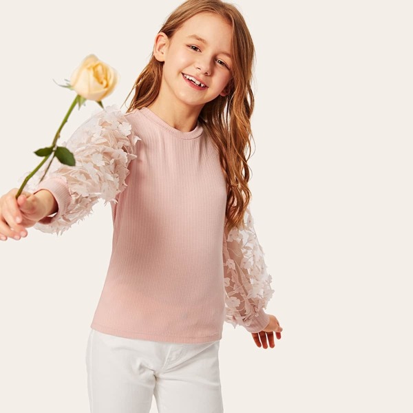 Girls Floral Applique Embroidered Mesh Sleeve Top