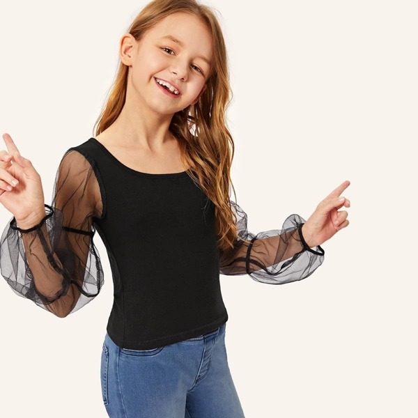 

Girls Mesh Lantern Sleeve Top