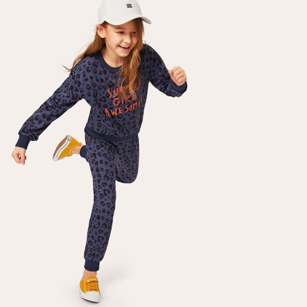 

Girls Letter Print Leopard Sweatshirt & Sweatpants Set