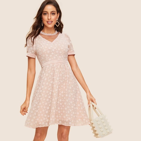 

Lace Trim Mesh Yoke Floral Jacquard Dress